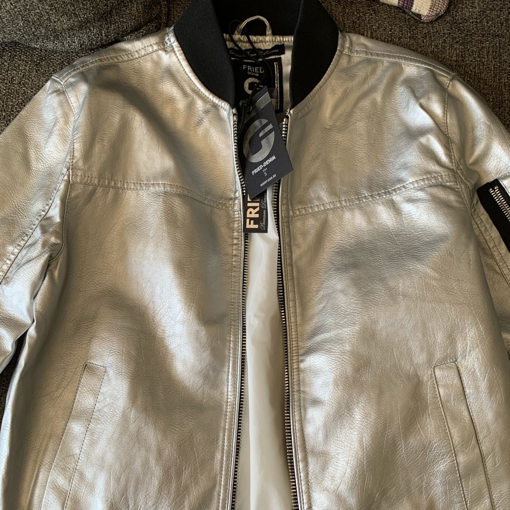 Silver bomber jacket. Vegan leather small